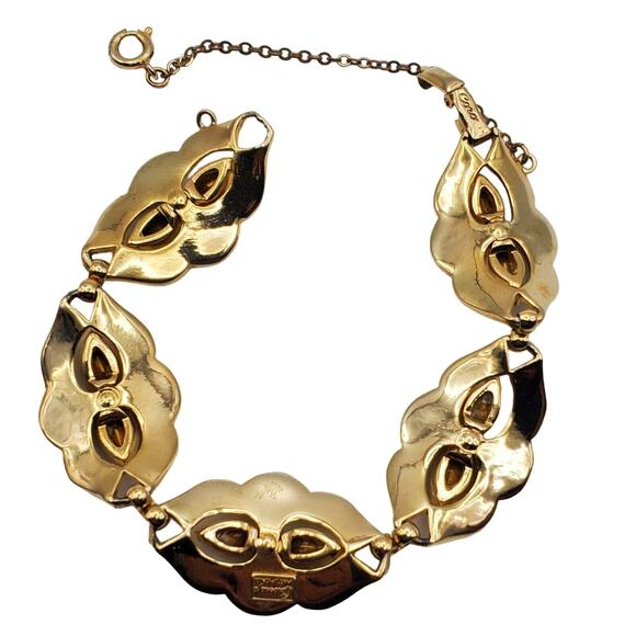 Coro Green Rhinestone Bracelet Gold Vermeil Vintage 40s Oval Link 7" L Corocraft - Picture 5 of 12